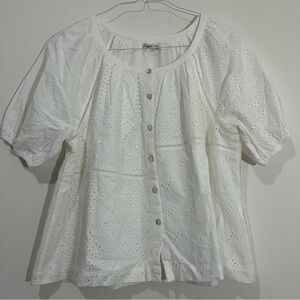 Faherty White Top Blouse Organic Cotton Eyelet Embroidered Sz S Peasant Cottage